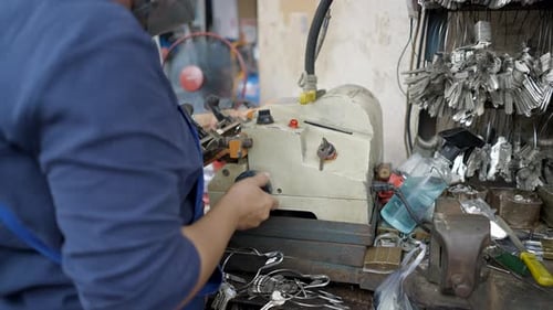 Woman Locksmith Making A Key Using Machine