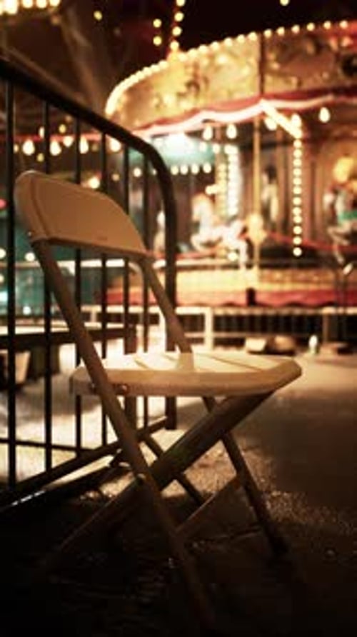 Empty Chair with Blurry Carousel Lights at Night