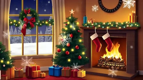 Warm Christmas Room with Fireplace, Snowy Window View with Trees outside
