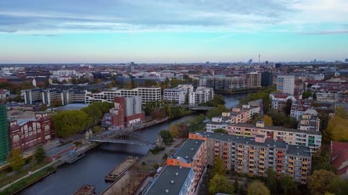 Berlin cityscape with Spree river buildings. Spectacular aerial view flight drone