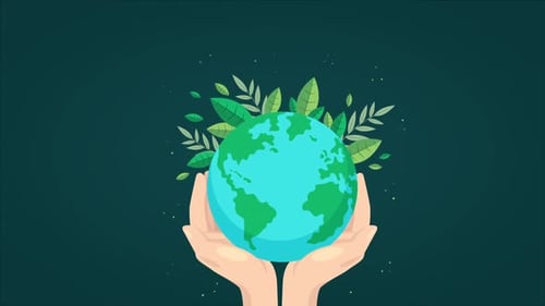 Flat Design Animation of Hands Holding Earth with Growing Leaves
