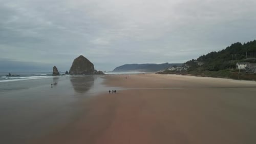 Wide Aerial Shot of Coastal Town Cannon Beach Oregon