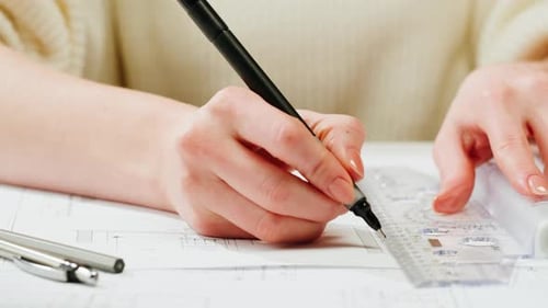 Hands Drawing Technical Diagram Using Ruler and Pen