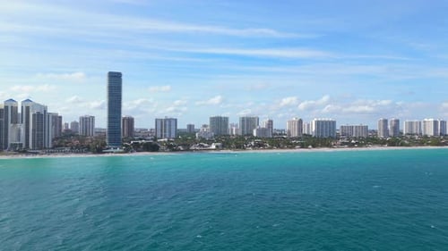 USA Travel Destination Miami Skyline with Ocean Cruise Liner Departing From Port
