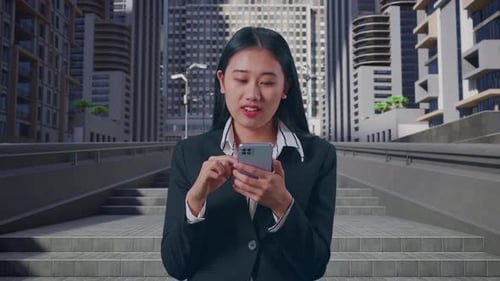 Asian Business Woman Enjoy Using Mobile Phone While Standing In Urban City