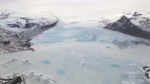 Glacier tongue of Vatnajökull Glacier, Skaftafell National Park, South Iceland, wide aerial panorama