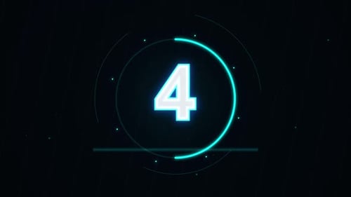 Temporizador de contagem regressiva com números digitais brilhantes de 5 a 1 em um fundo escuro e futurista de HUD, tecnologia