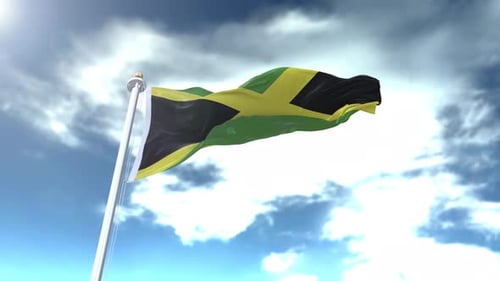 Realistic Waving Jamaican Flag Against a Clear Blue Sky