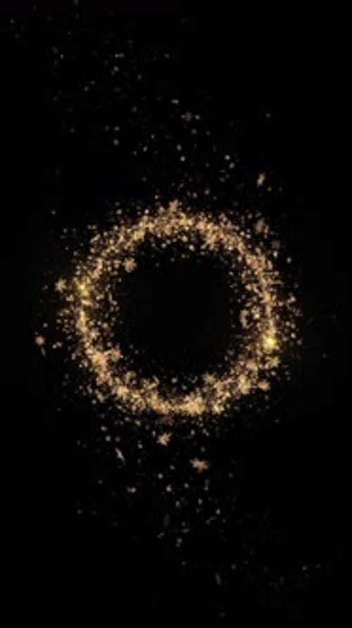 Goldpartikel, die um den Kreis fliegen, goldener Glitzerhintergrund, Feiertag, der den goldenen Staubeffekt feiert