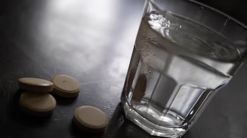 Effervescent nutritional vitamin C tablet dissolves in glass of water