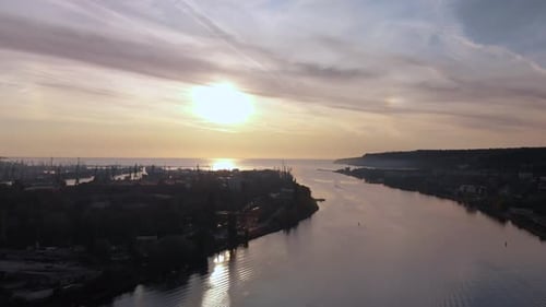 Glorious Sunrise Scenery Over The Port Of Varna In Bulgaria - Bright Sun Rising With Reflection On C