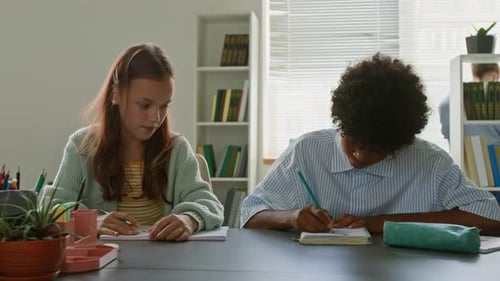 Young Girl and her Classmate Sitting at Desk, Writing in Notebooks in school