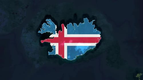 World Map Zoom to Iceland Outline with Flag Fill