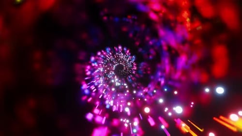 Colorful fireworks display in the dark tube with bright lights. Loop animation