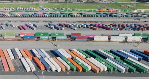 Aerial container terminal. Many containers for import and export goods.