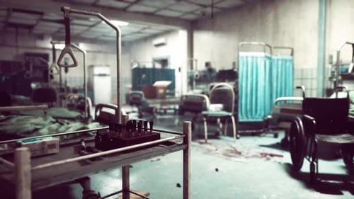 Abandoned and Destroyed Hospital with Scattered Medical Equipment and Debris