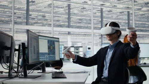 Engineer Using VR Technology to Optimize Microchip Production in Factory