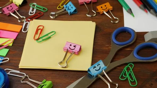 Colorful Office Supplies on Wooden Desk, Notes and Stationery