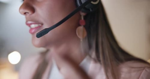 Mouth of woman, telemarketing and communication in call center at night for customer service