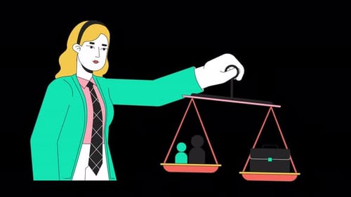 Flat Design Animation of Person Balancing Scale with Icons