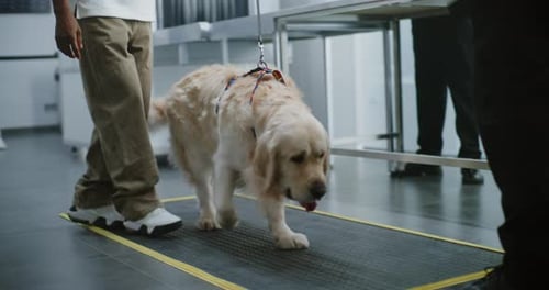 Dog Inspected by Security Officer in Airport