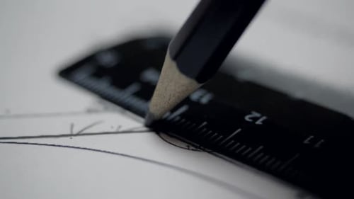 Close View Line Drawn with Pencil and Ruler on Drawing
