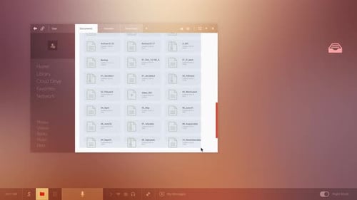 Coleção OS: Interface de uma área de trabalho quadrada com movimentação de arquivos de uma pasta aberta para uma unidade