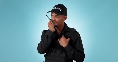 Security guard, studio walkie talkie and man talking, conversation or safety officer for protection