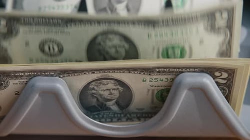 Dollar Bills Calculating Electronic Counter Closeup Equipment Counting Currency