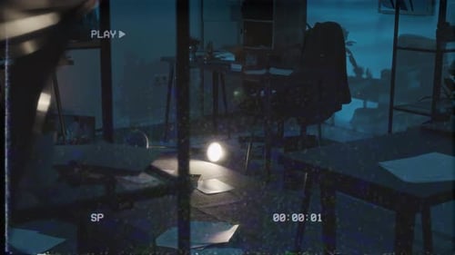VHS of Messy Office with Scattered Papers, Illuminated by Lamp after Robbery