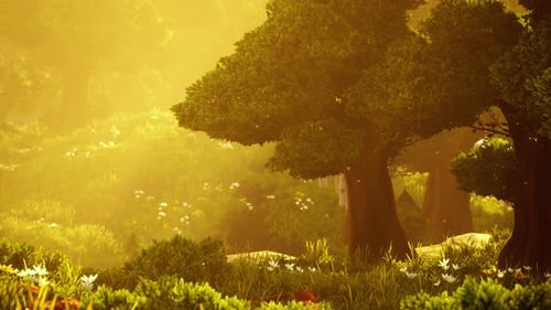 Cartoon Wooded Forest Trees Backlit By Golden Sunlight