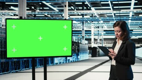 Chroma Key Monitor Used By Woman in Data Center to Monitor Industrial Systems