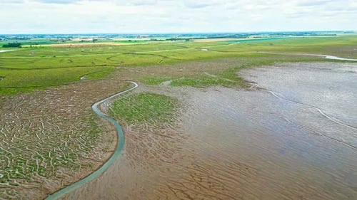 Cracked mud flats in a salt marsh. Aerial: Tidal mudflats, Abstract textures in a cracked coastline,