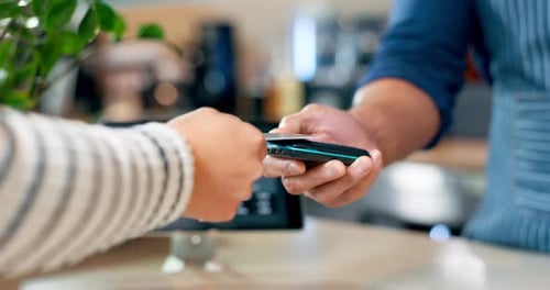 Customer, cafe and pos machine with credit card for payment, transaction or checkout counter