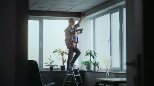 Man Adjusting Security Camera with Tablet on Ladder