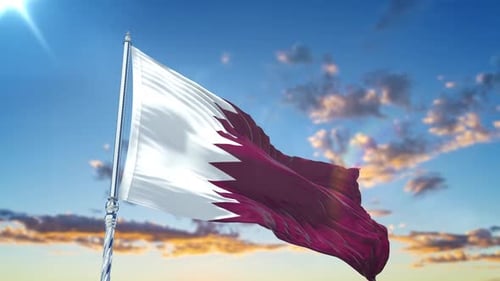 Qatar Flag Waving with Realistic Fabric Animation on Cloudy Sky