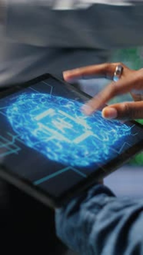 Vertical Video Close Up of Data Center Engineer Using Tablet Doing Maintenance on AI Rigs