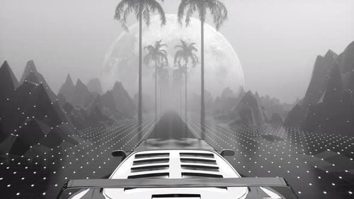 Retro 80s Synthwave Car Drive on Virtual Grid Road with Glitch