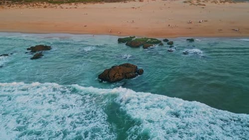 Tropical Sea Washing Beach Aerial View Turquoise Waves Rolling to Seashore