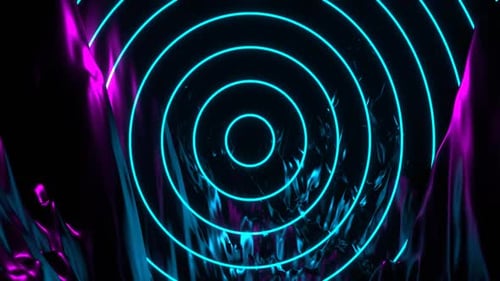 Zyanfarbene und rosafarbene Neonringe vor Gebirgshintergrund VJ Loop In HD