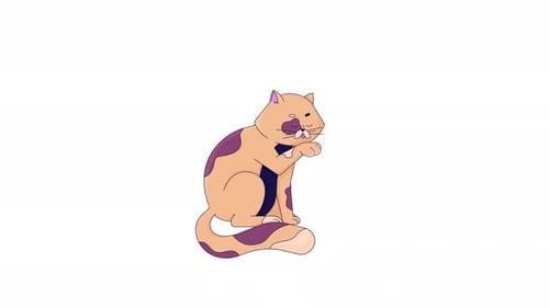 Bezaubernde 2D-Charakteranimation mit Katze, die Pfoten leckt