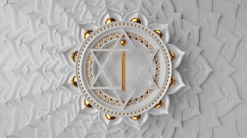 Símbolo 3D do chakra raiz girando sobre fundo branco.