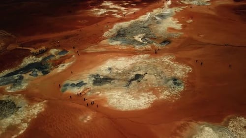 Aerial view of many people walking around the geothermal area of Hverir, Iceland