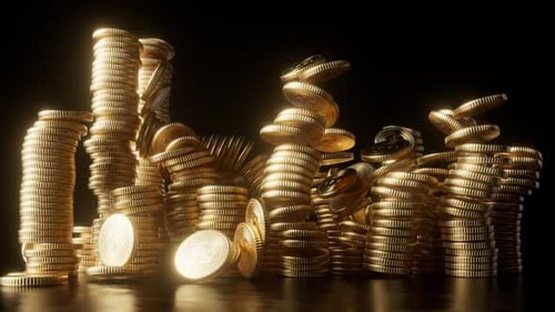 Shiny gold dollar coins appear, stack in columns that grow on a black background, then fall down.