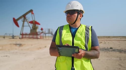 Männlicher Geologe mit tätowiertem Arm zeichnet Daten an einer Ölstelle auf