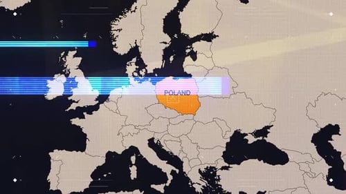 Digital World Map Highlighting Poland with Glitch Effect