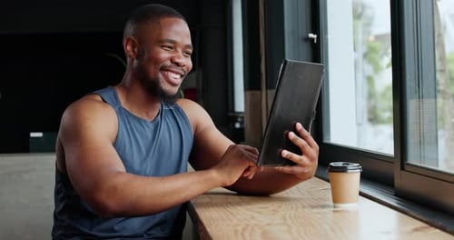 Fitness, black man and tablet with typing, relax and connection with workout post