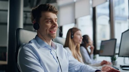 Smiling Man Working Telemarketing Center Friendly Man Manager Consult Client