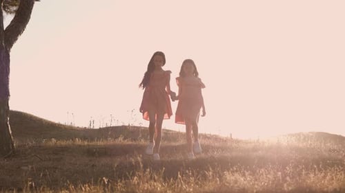 Children Walking in the Park Happy Family Kid Dream Concept Two Little Girls Sisters Holding Hands