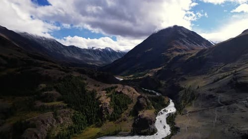 Epic Mountain Landscape Serene River Nestled Among Towering Mountain Cliffs with Changing Weather